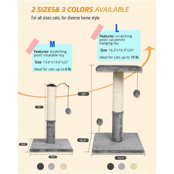 22" Cat Scratching Post, Natural Sisal Scratchers Trees, Light Gray - Picture 2 of 8